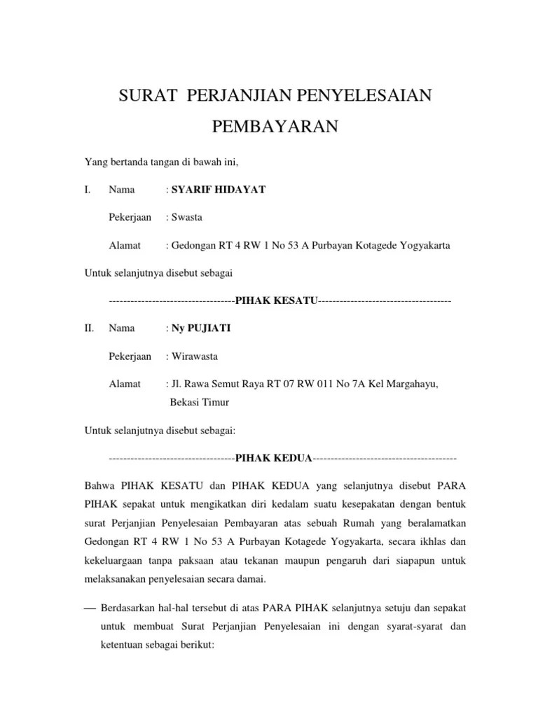 Contoh surat perjanjian hutang piutang di atas materai. Surat Perjanjian Penyelesaian Pembayaran Pdf