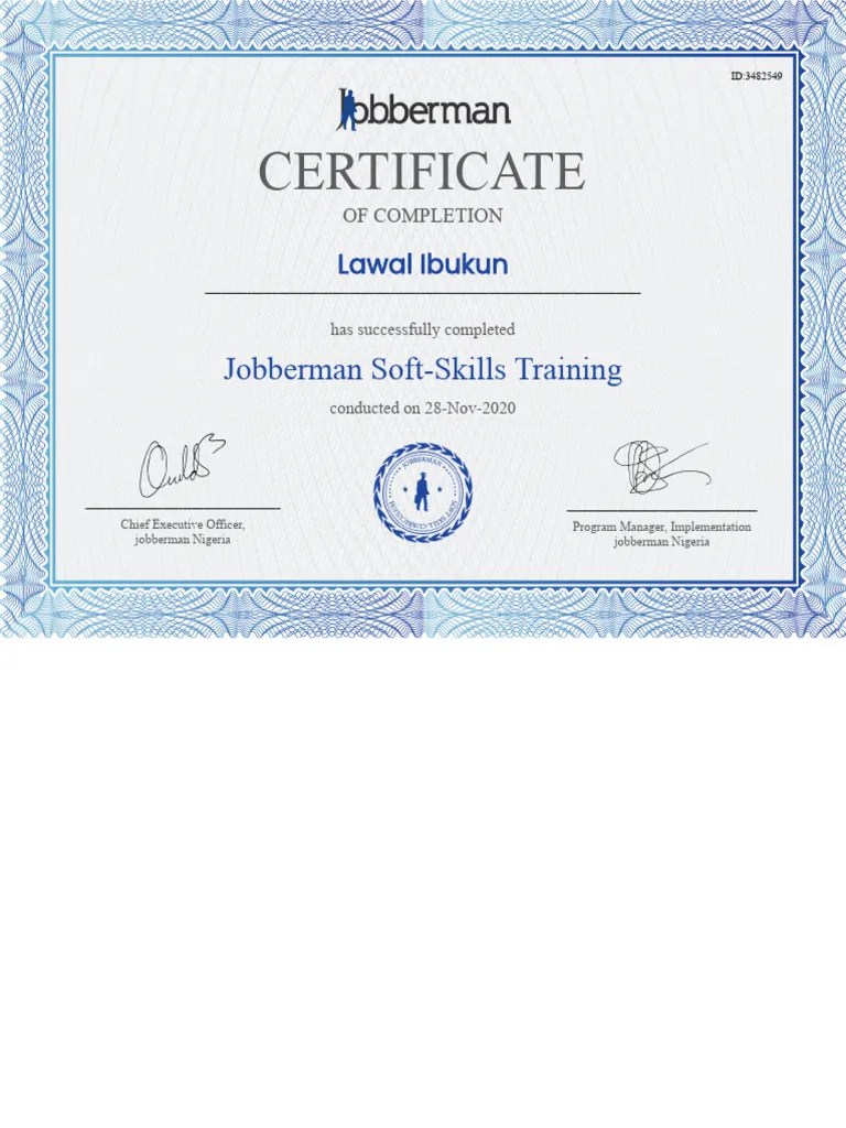 Jobberman Soft Skill Certificate 3482549 | PDF
