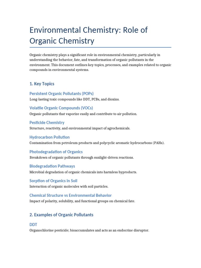 Role Of Organic Chemistry In Environment Pdf