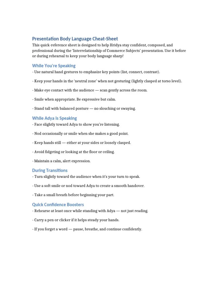 Presentation Body Language Cheat Sheet Hridya | PDF