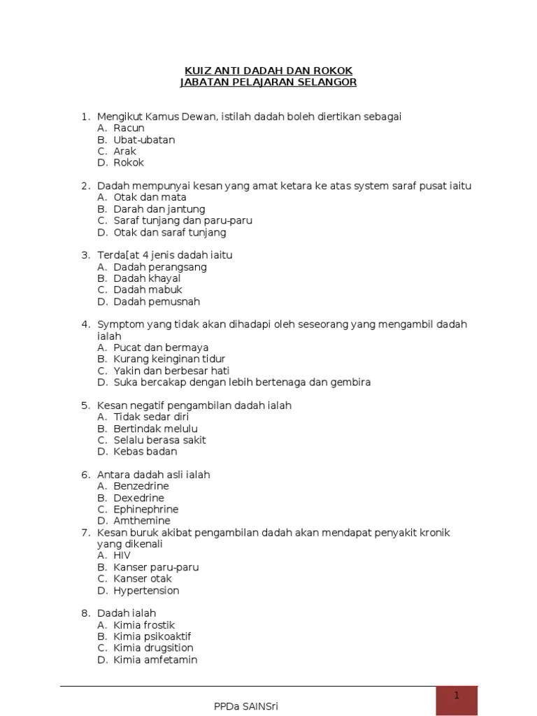 Soalan Dan Jawapan Kuiz Anti Dadah Jiran