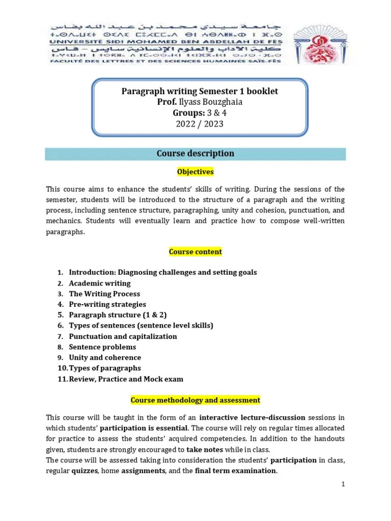 Pr. Bouzghaia Paragraph Writing S1 Booklet | PDF | Ellipsis | Subject (Grammar)