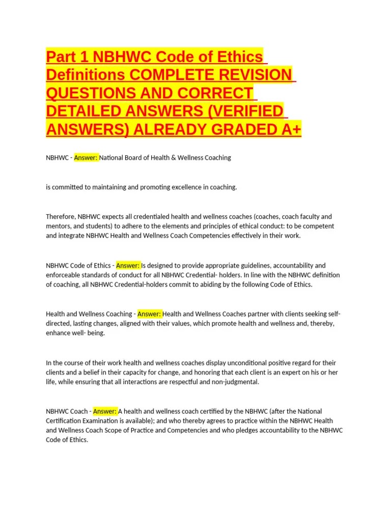 Part 1 Nbhwc Code Of Ethics Definitions Complete Revision Questions And ...