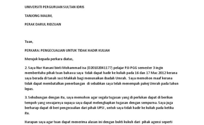 Surat Tidak Hadir Ke Kuliah / Surat Tidak Hadir Ke Kuliah Pdf