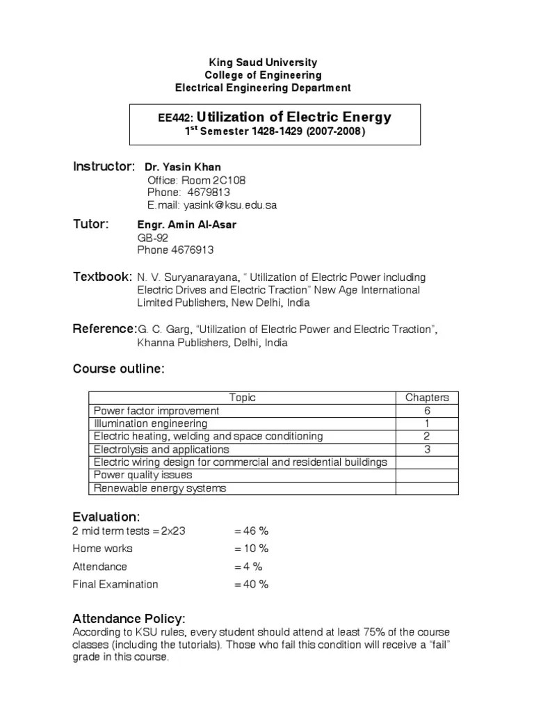 Ee 442 Electric Energy Utilization Electric Power System