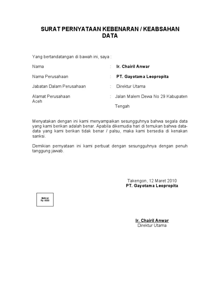 Contoh surat pernyataan pertanggungjawaban keabsahan dan kebenaran dokumen. Contoh Surat Pernyataan Pertanggungjawaban Keabsahan Dan Kebenaran Dokumen - Dokumen Pilihan
