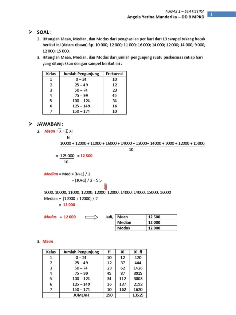 Hitunglah mean dari data kelompok berikut ini! Contoh Soal Soal Matematika Tentang Mean Median Dan Modus