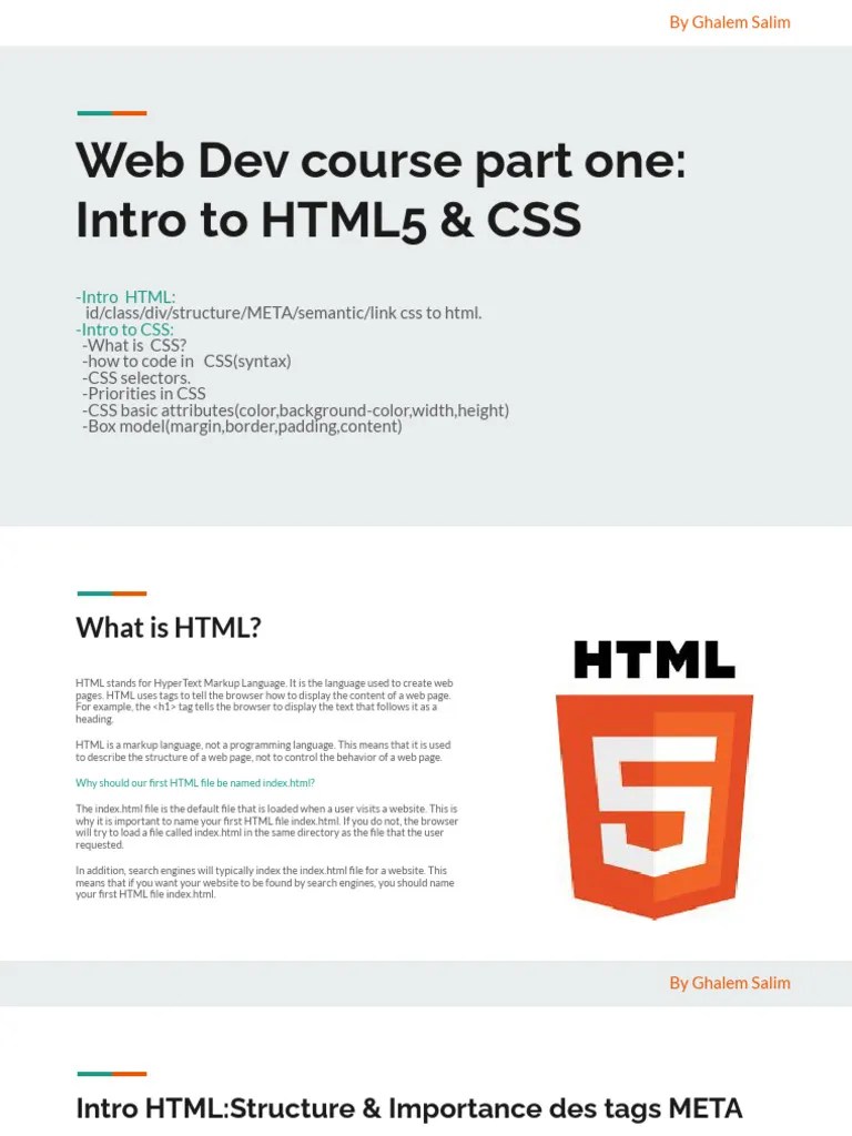 Web Dev Course Part One Intro To HTML5 & CSS | PDF | Html | Html Element