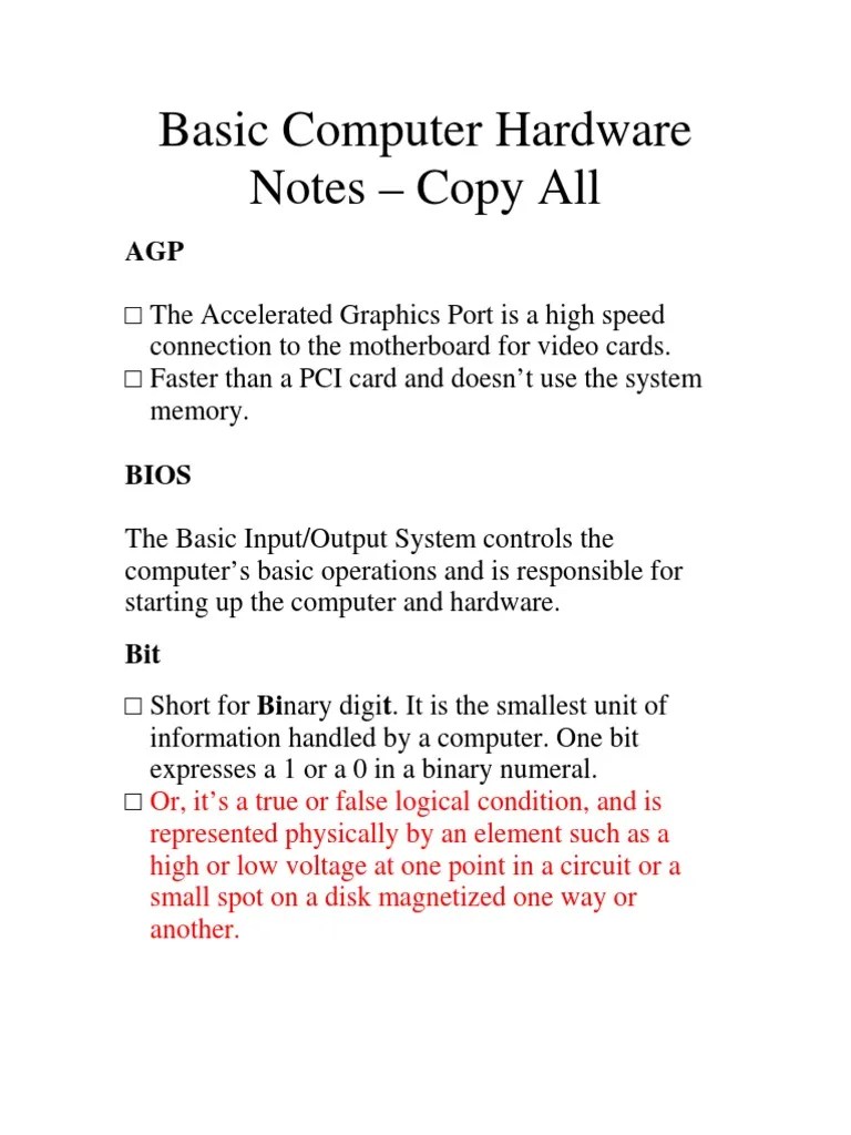 Basic Computer Hardware Notes | PDF | Computer Data Storage | Bit