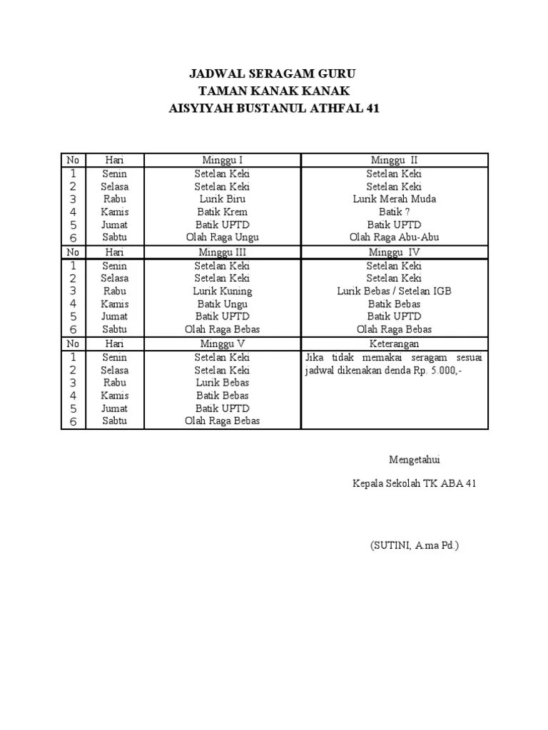 (2) model, bentuk, warna dan jadwal penggunaan pakaian. Jadwal Seragam Guru Pdf