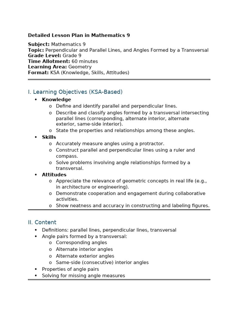 Math9 Lesson Plan Lines Angles | PDF | Angle | Euclidean Geometry