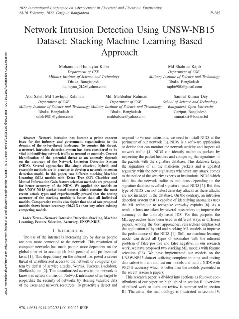 Network Intrusion Detection Using UNSW-NB15 Dataset Stacking Machine Learning Based Approach (1 ...