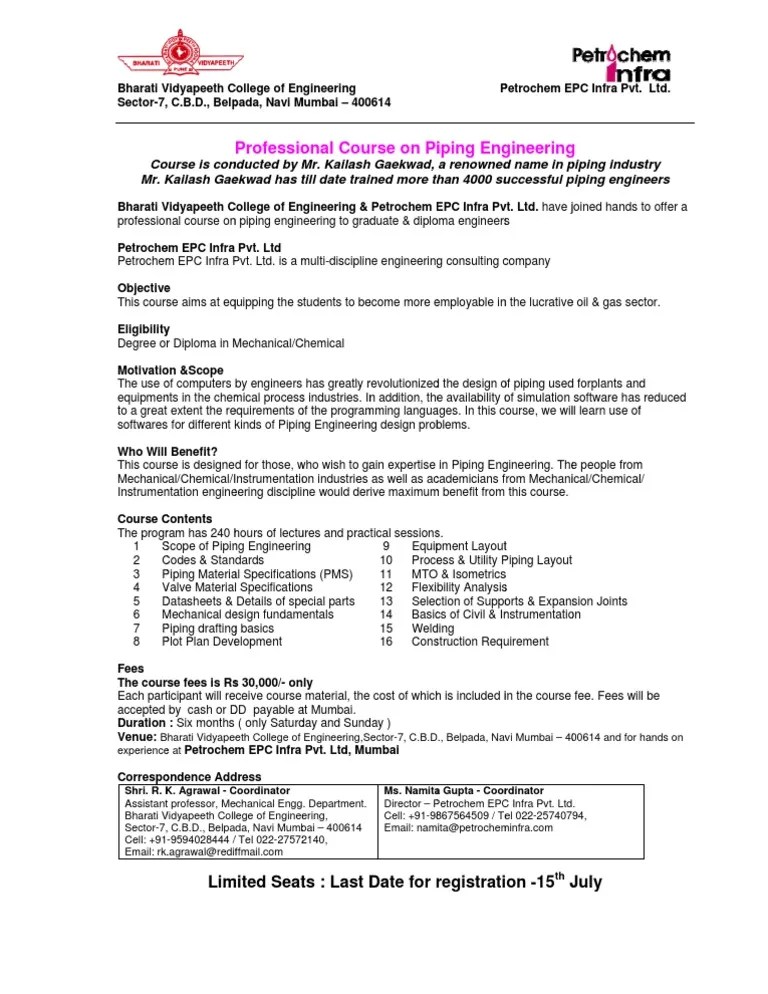 Professional Course On Piping Engineering 1 Engineering
