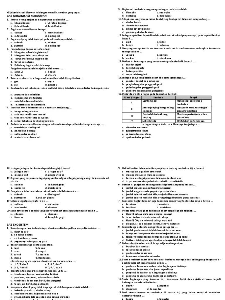 Soal dan kunci jawaban ipa smp pada materi organisme kehidupan, yang terdiri dari sel, jaringan, organ, sistem organ, dan organisme. Soal Ipa Biologi Kelas 7 Sel Beinyu Com