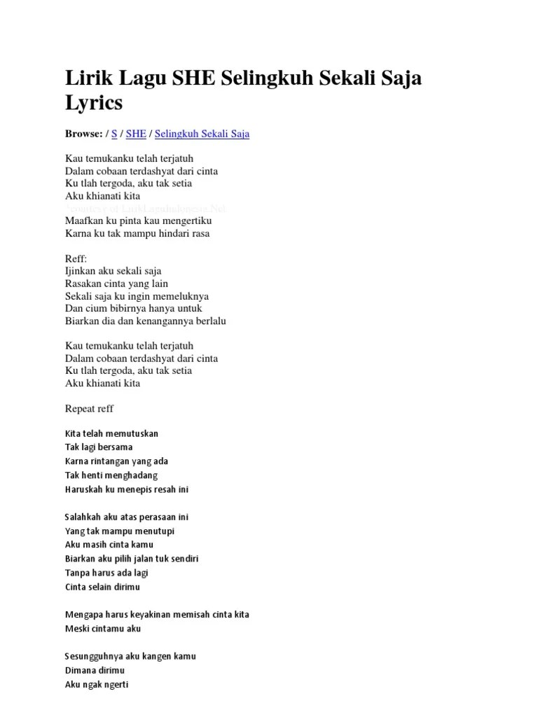 Lirik Lagu SHE Selingkuh Sekali Saja Lyrics | PDF