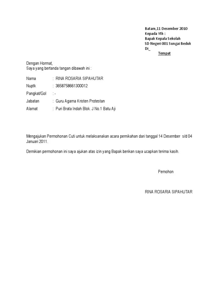 Berikut di bawah ini adalah beberapa contoh surat cuti menikah yang bisa anda pergunakan sebagai bahan referensi untuk mengajukan permohonan cuti menikah. Surat Permohonan Cuti Docx Kesihatan Z