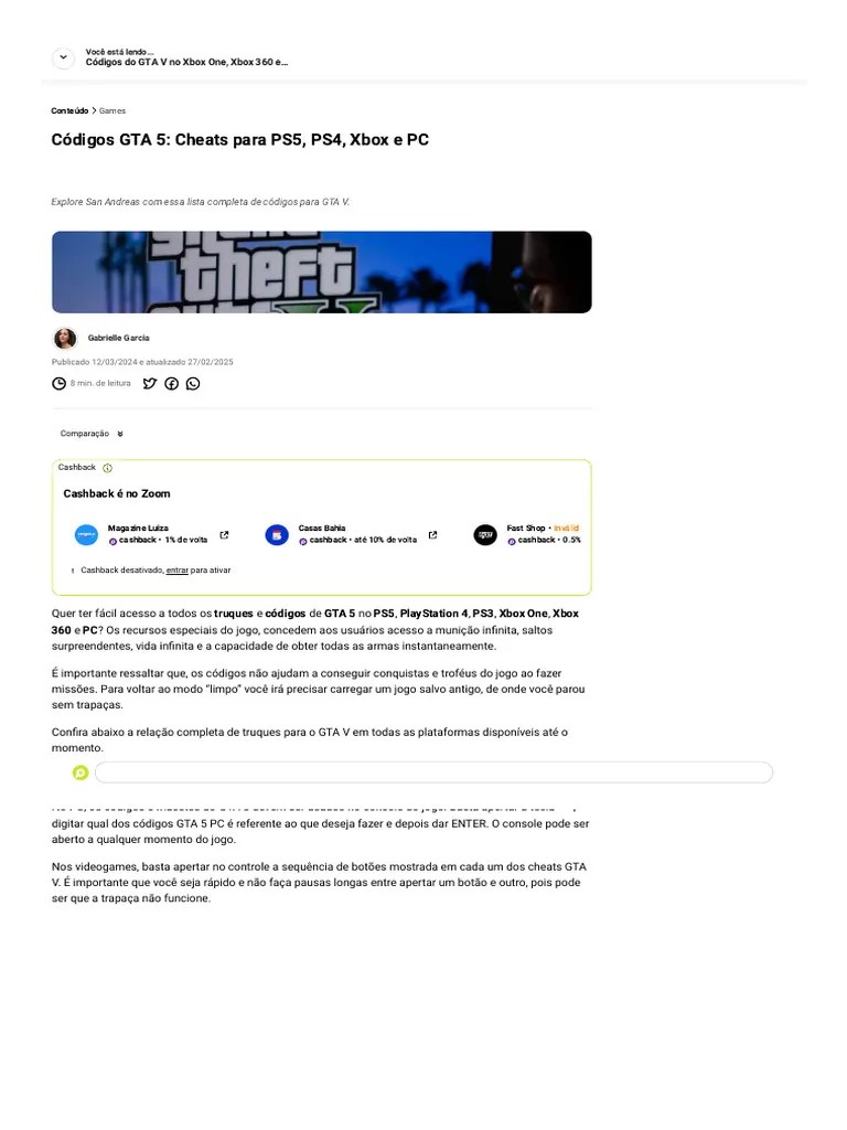 Cheats E C Digos Para GTA 5 PDF Xbox Videogames 1