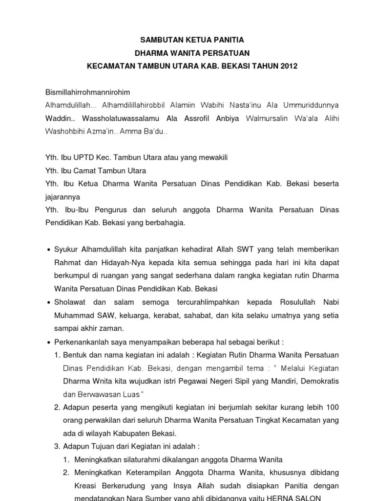 Alhamdulillaahi robbil 'aalamiin, wabihi nasta'inu 'alaa umuriddunya waddiin. Contoh Sambutan Ketua Pkk Rt Baru Tukaffe Com