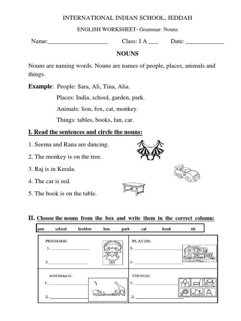 english worksheets class 1 nouns plurals verbs adjectives and