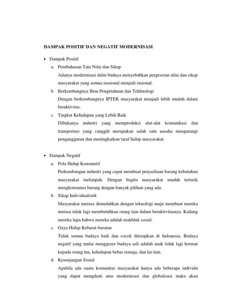 Dampak Positif Dan Negatif Modernisasi | PDF