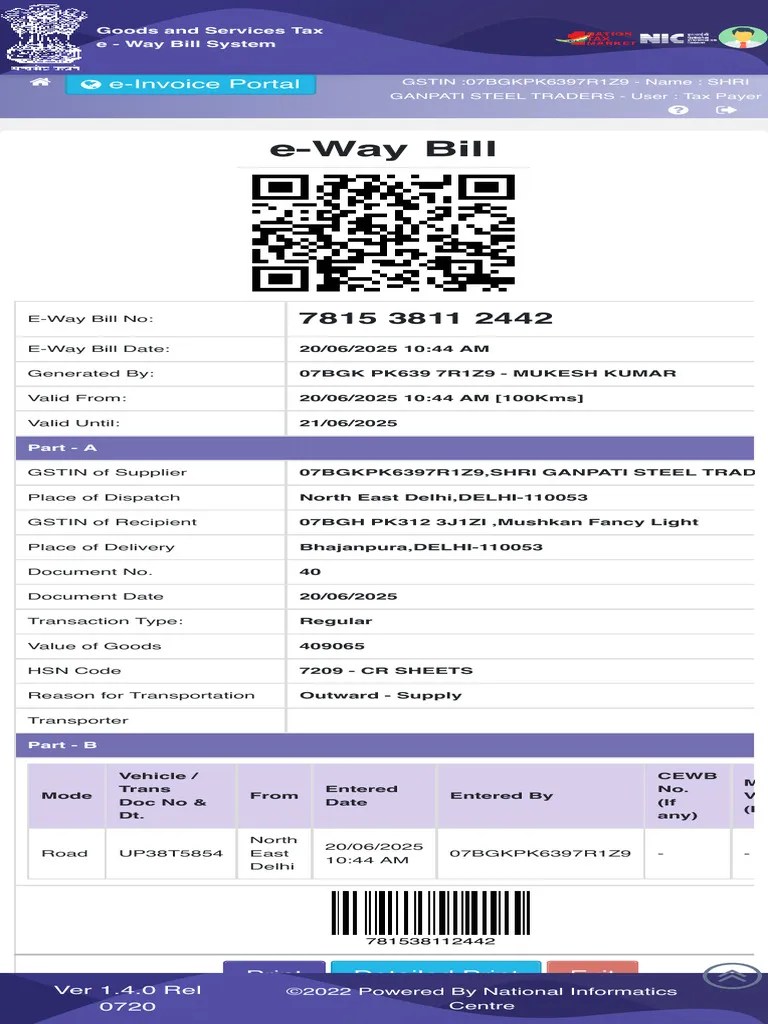 Gst e-way bill details for shipment