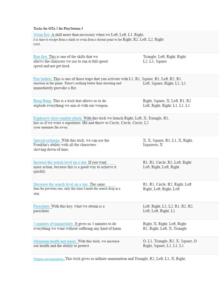 GTA 5 Cheats PS3 PDF Play Station 3 Play Station 1