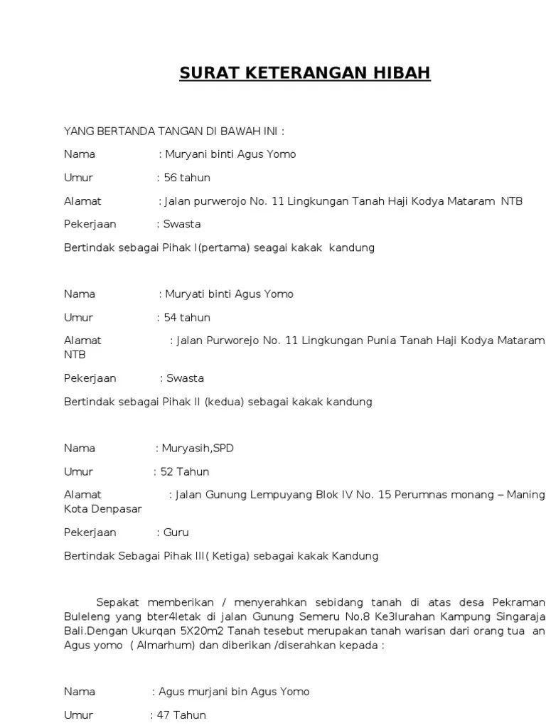 Contoh surat pernyataan hibah tanah untuk jalan umum contoh surat. Contoh Surat Warisan Tanah Dari Orang Tua Kepada Anak