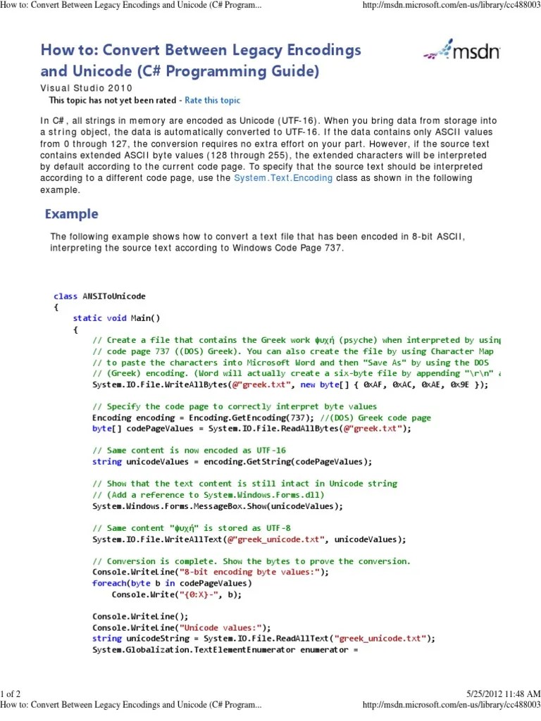 Convert Between Legacy Encodings And Unicode (C# Programming Guide) | PDF | Character Encoding ...