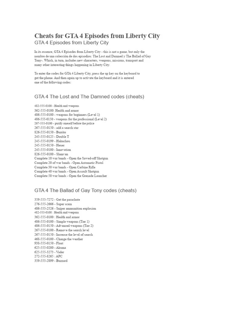 GTA 4 Liberty City Cheat Codes Guide PDF 1
