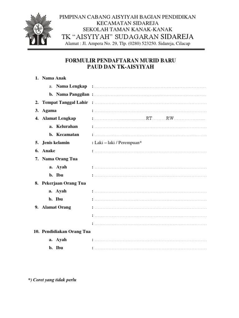 Contoh formulir pendaftaran siswa paud tk kb tpa format doc 20. Formulir Ran Tk Aisyiyah Pdf