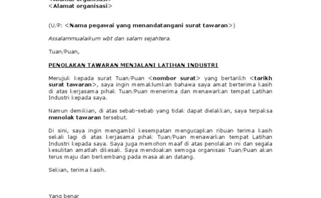 Contoh Surat Penolakan Tempat Latihan Industri