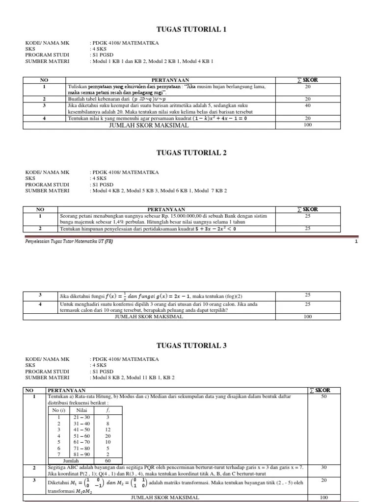 No 18 soal ujian ut matematika pdgk 4108 by icpns posted on august 8, 2019. Tugas Tutorial Matematika Oleh Faigiziduhu Bu Ulolo