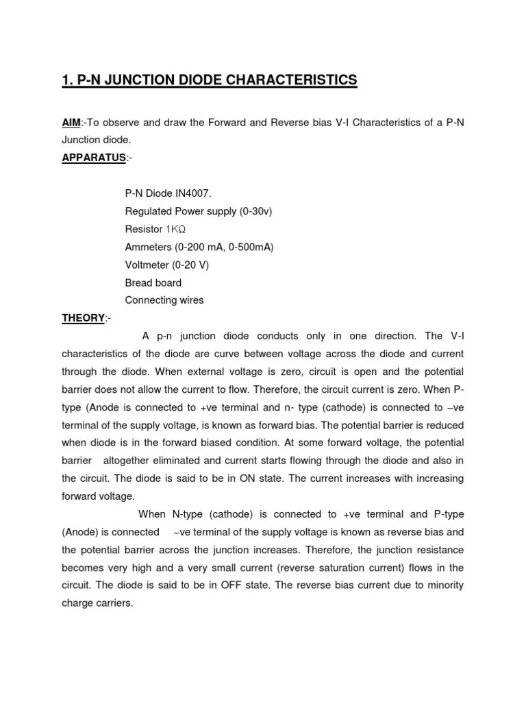 Minor Project Report On Pn Junction Zener Diode Led Characteristics 