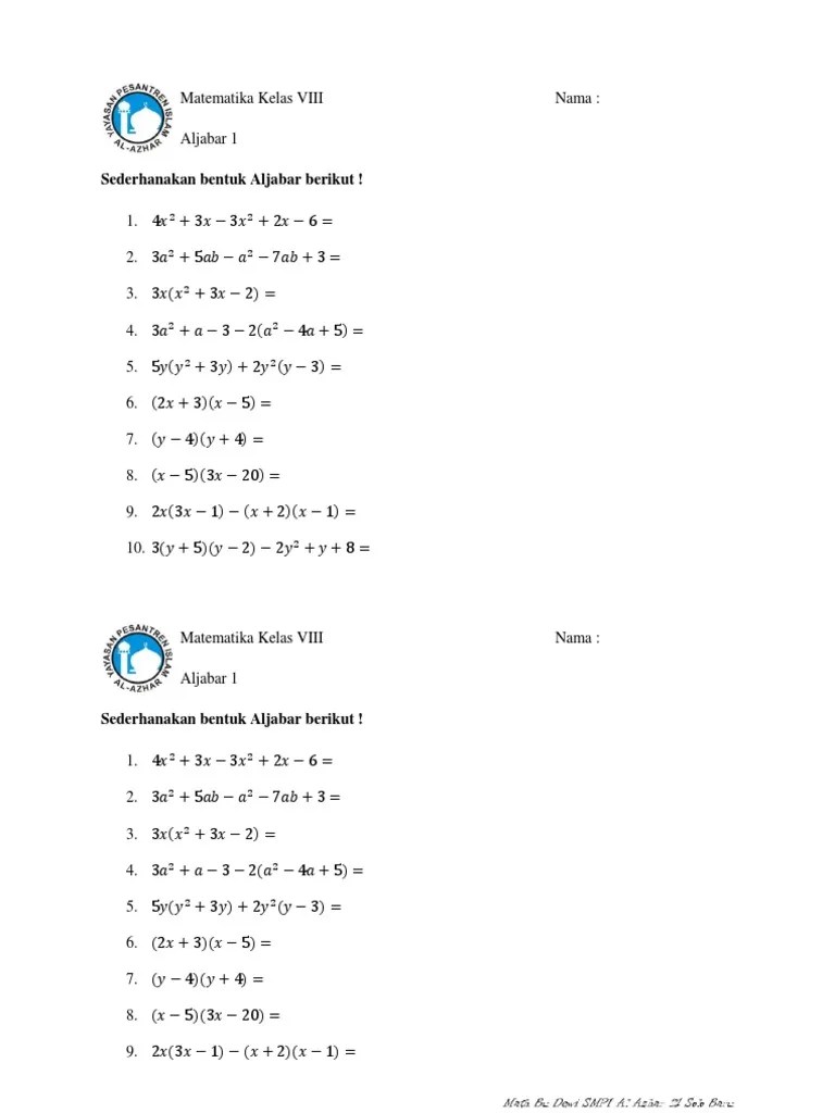 Bentuk aljabar pecahan bentuk aljabar penerapan aljabar. Latihan Soal Aljabar Kelas Viii Pdf