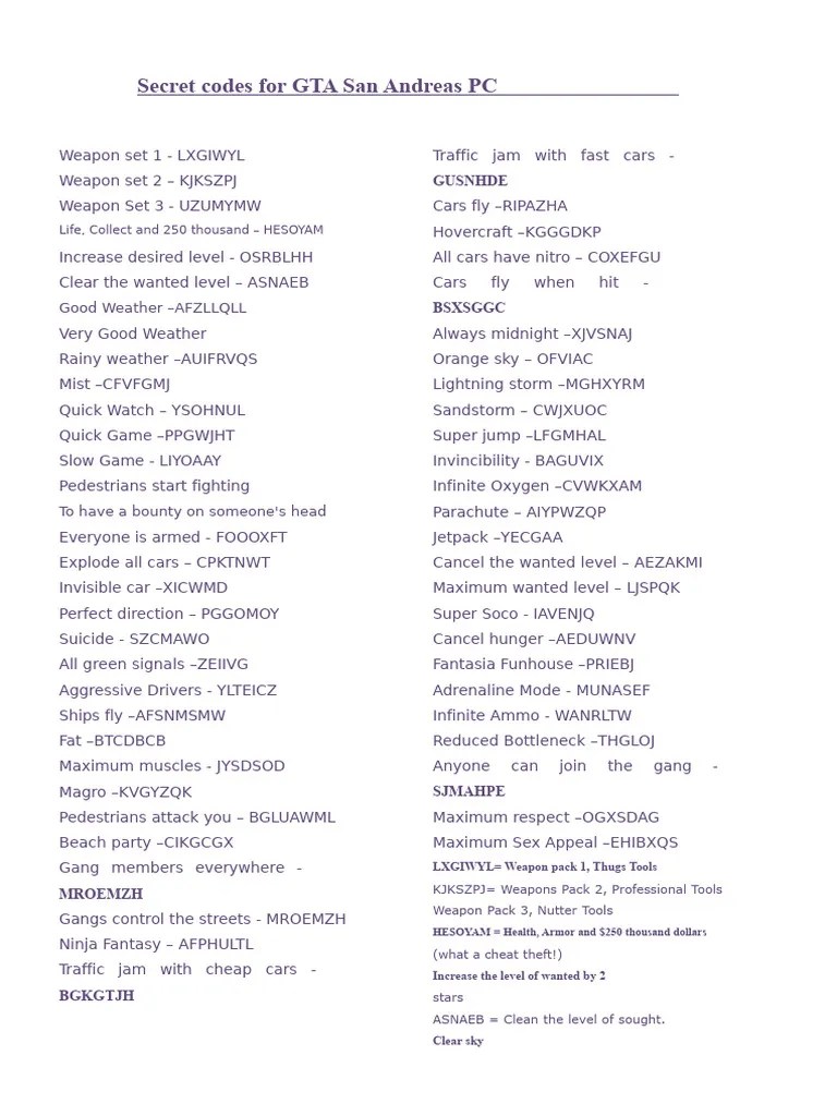 GTA San Andreas PC Cheat Codes List PDF Transport 1