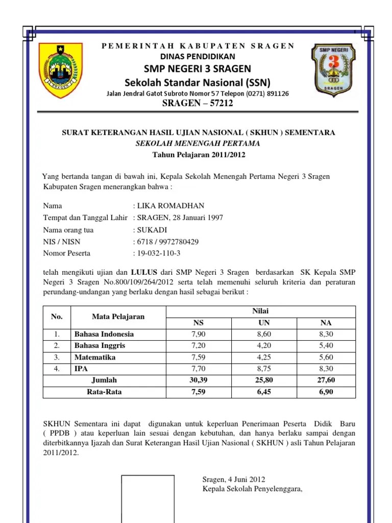 Aplikasi skhun siswa terbaru 2019. Contoh SKHUN Sementara