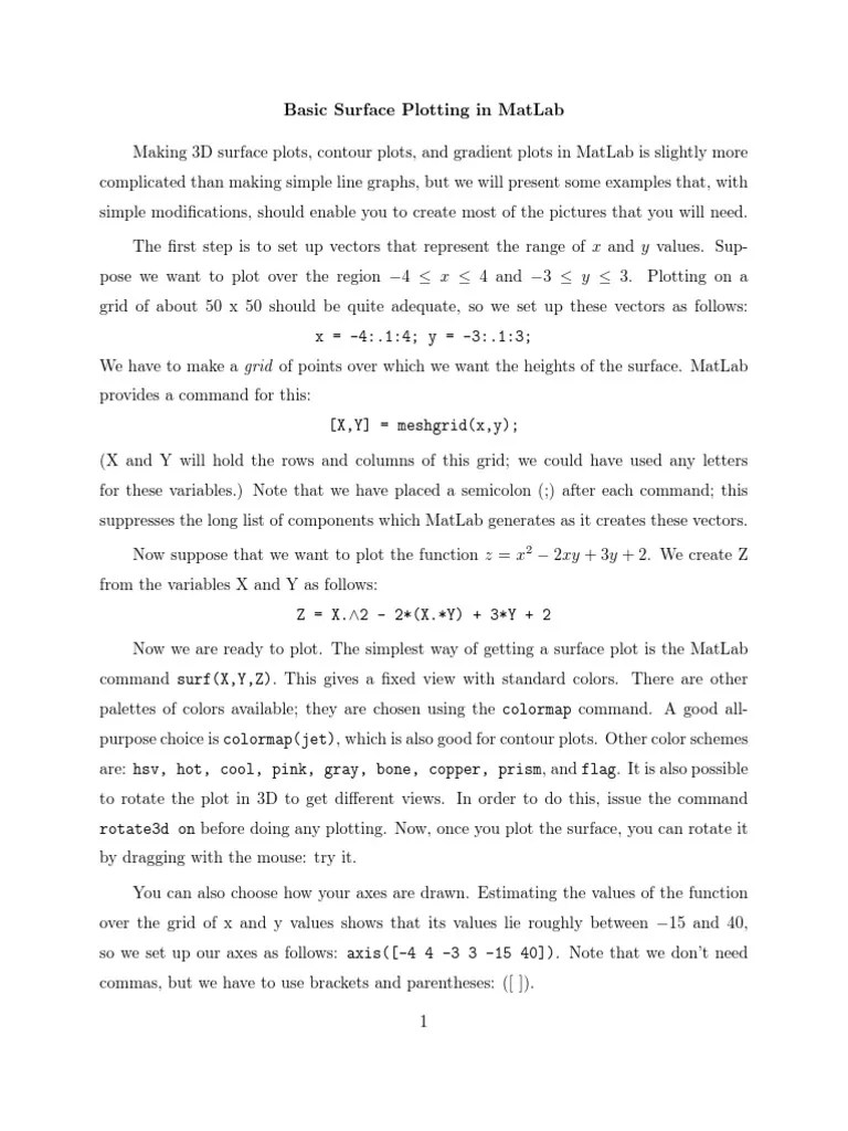 3d Surface Plot In Matlab | PDF | Contour Line | Matlab