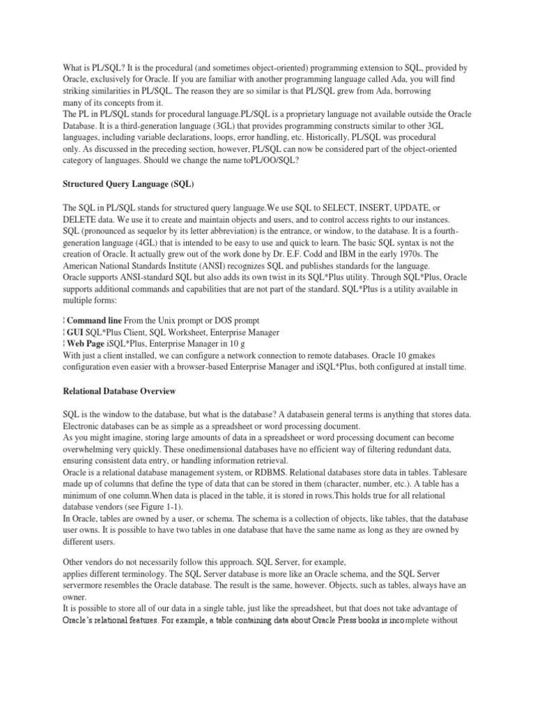 Introduction To SQL PL-SQL And Oracle Database History | PDF | Sql | Pl/Sql