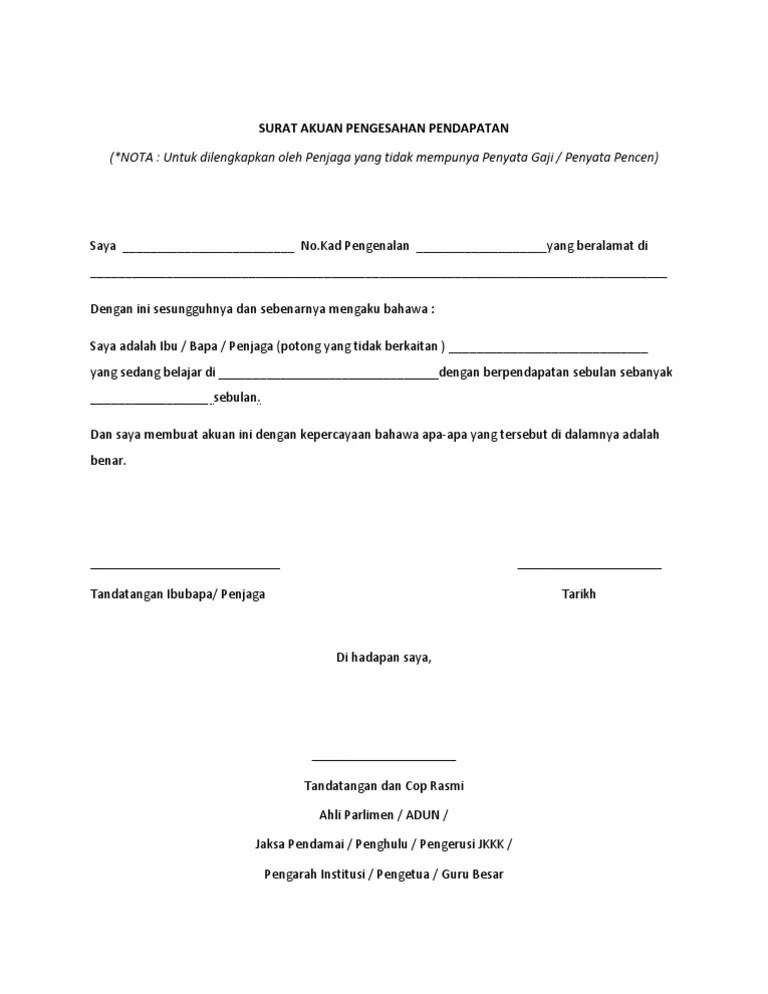 Contoh surat akuan pengesahan pendapatan bagi yang bekerja sendiri gantikan slip gaji edu. Contoh Surat Akuan Sumpah Ibu Tunggal