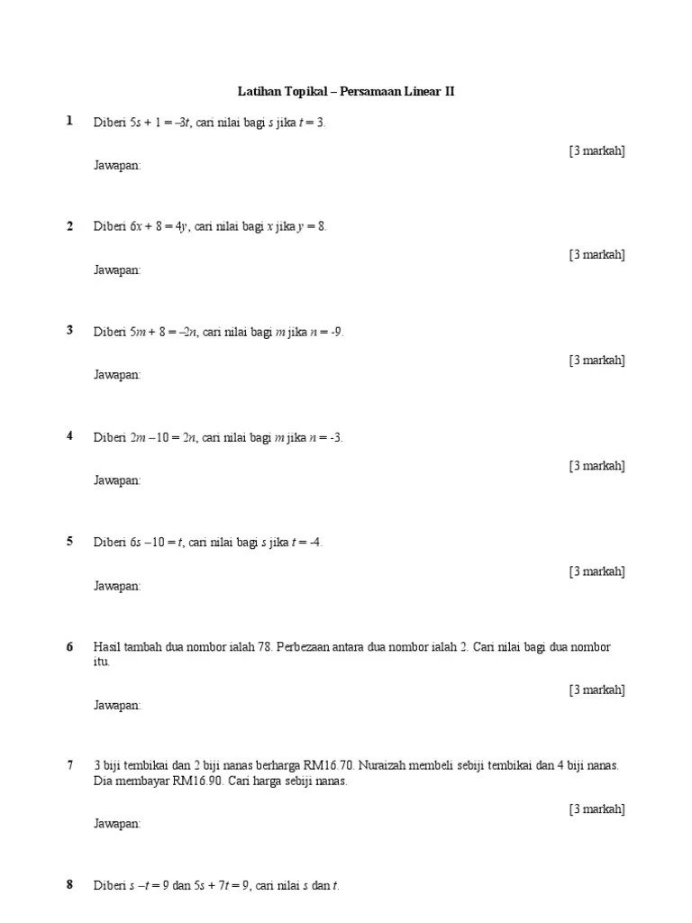 Latihan Topikal Persamaan Linear Ii Pdf