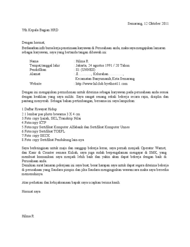 Contoh surat lamaran smk di pabrik indorama. Contoh Surat Lamaran Kerja Tulis Tangan Fresh Graduate Smk ...