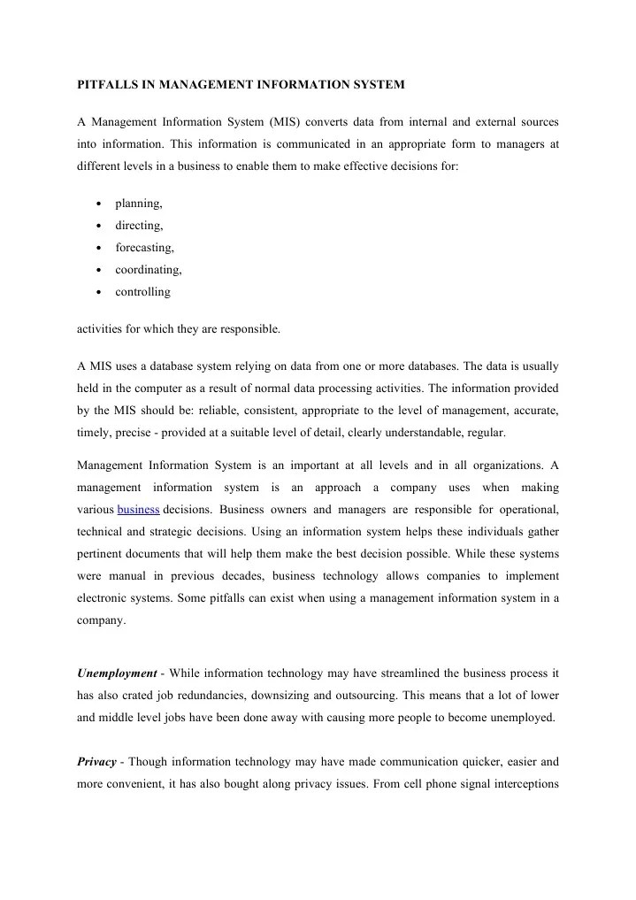 Disadvantages Of Management Information System | PDF | Management ...