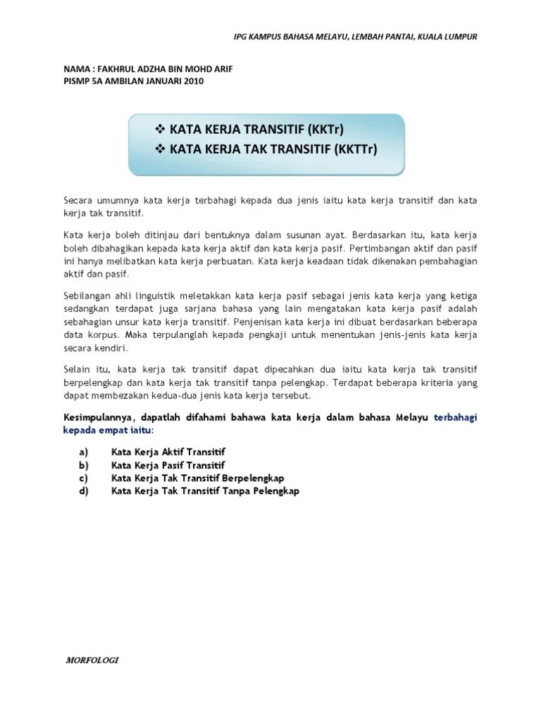 Contoh Ayat Kata Kerja Aktif Tak Transitif Berpelengkap - Kata Kerja Aktif Online Worksheet