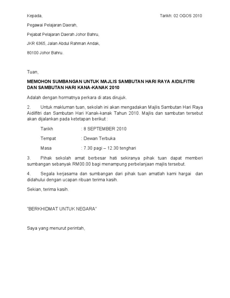 Semoga dengan sumbangan yang diberikan dapat meringankan beban dan memberi kegembiraan kepada. Contoh Surat Mohon Sumbangan Pdf