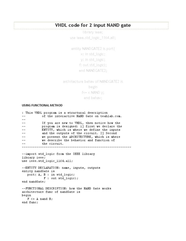 VHDL Code For 2 Input NAND Gate: Using Functional Method | PDF