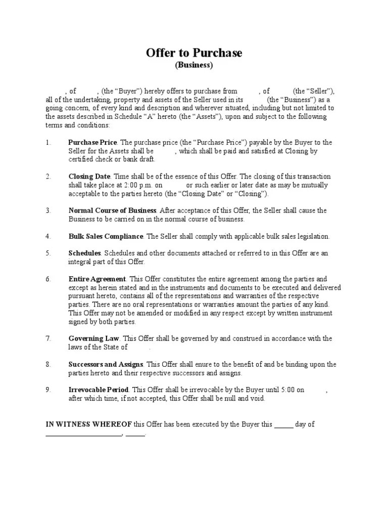 Offer To Purchase Assets Of Business Short Form Business Law Private Law