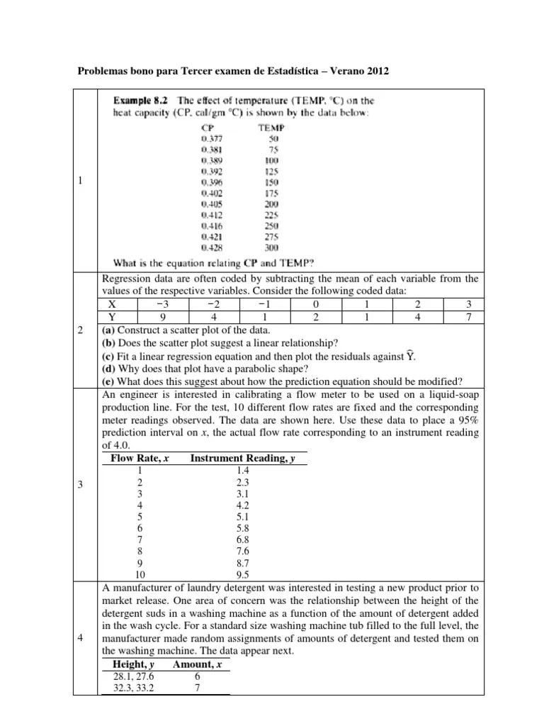 Problemas Bono Para Tercer Examen De Estadística - Verano 2012 | PDF ...
