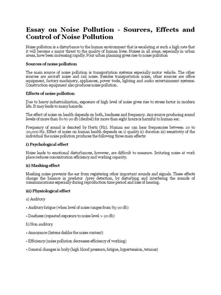 Essay On Noise Pollution | PDF | Sound | Hearing Loss