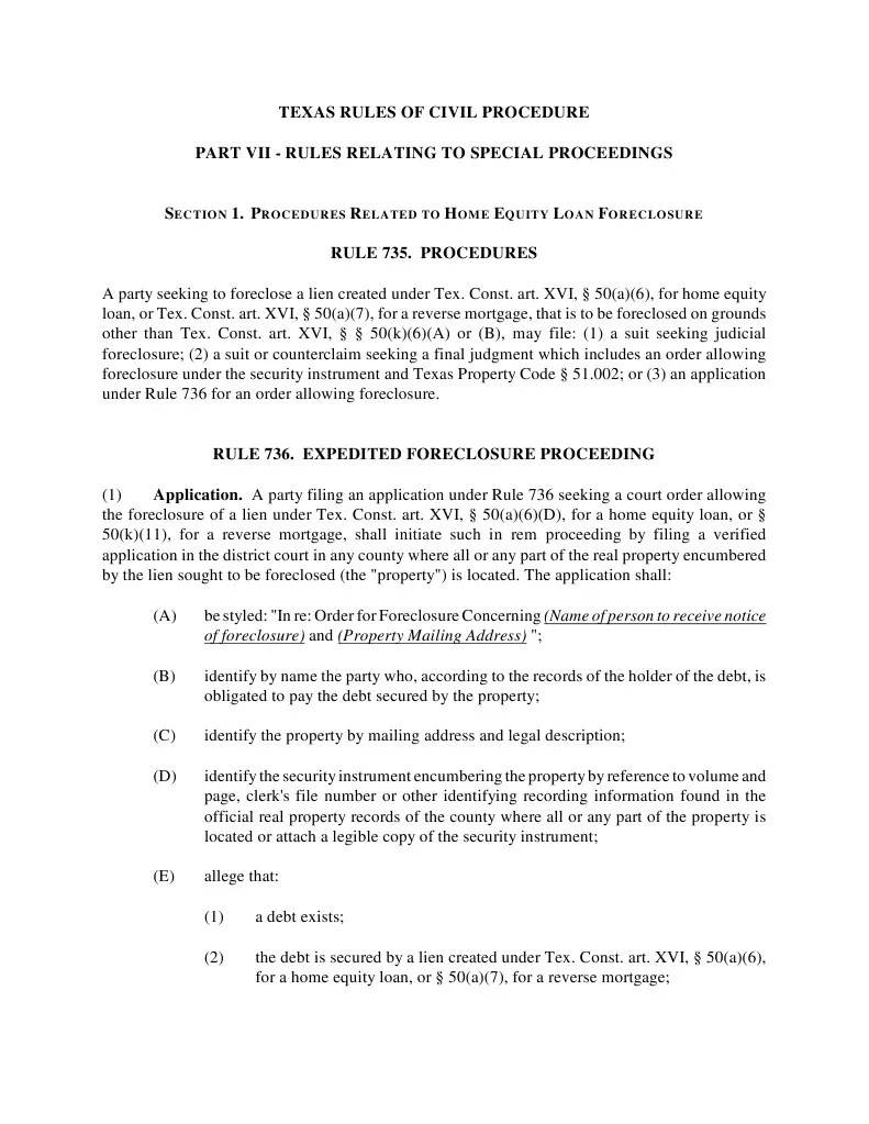 Texas Rules Of Civil Procedure - Part - 7 | PDF | Lawsuit | Foreclosure