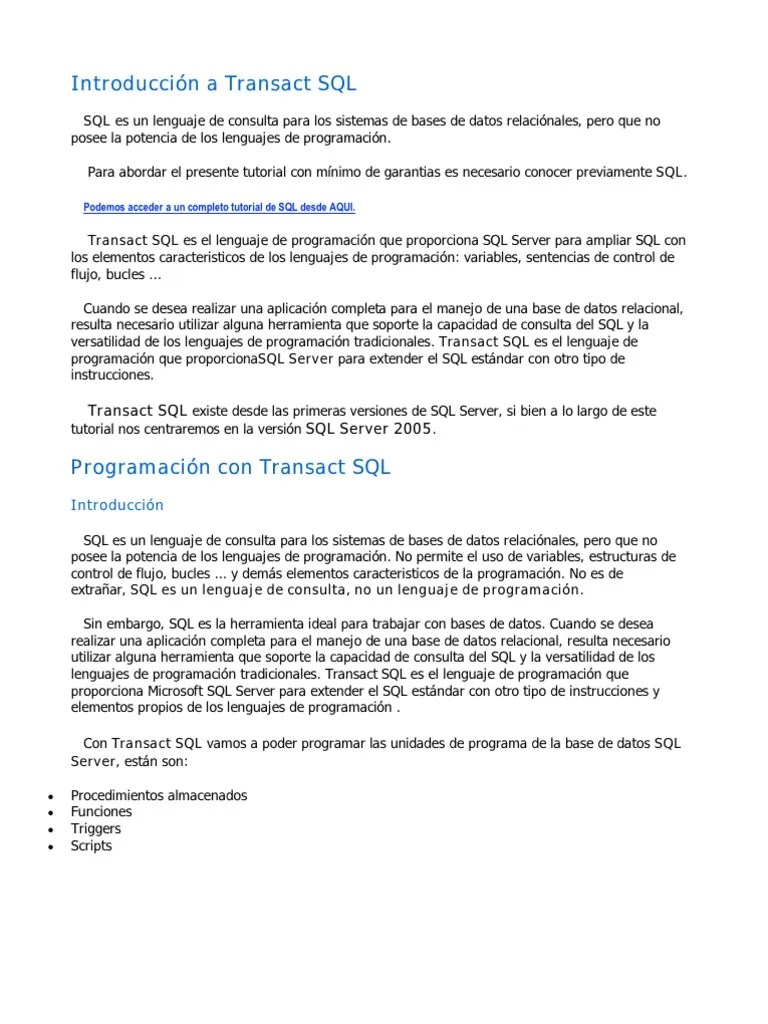 Tutorial Transact SQL | PDF | SQL | Servidor SQL De Microsoft